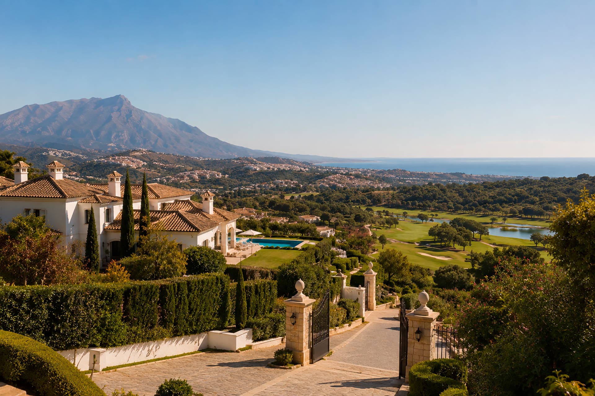 Gated luxury villas overlooking golf courses, mountains and the Mediterranean in Benahavís.