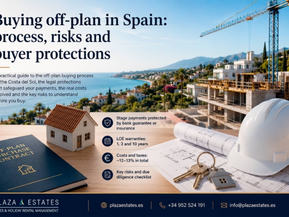 Off-plan property development in Spain with construction site, architectural plans, contract, keys and model house.