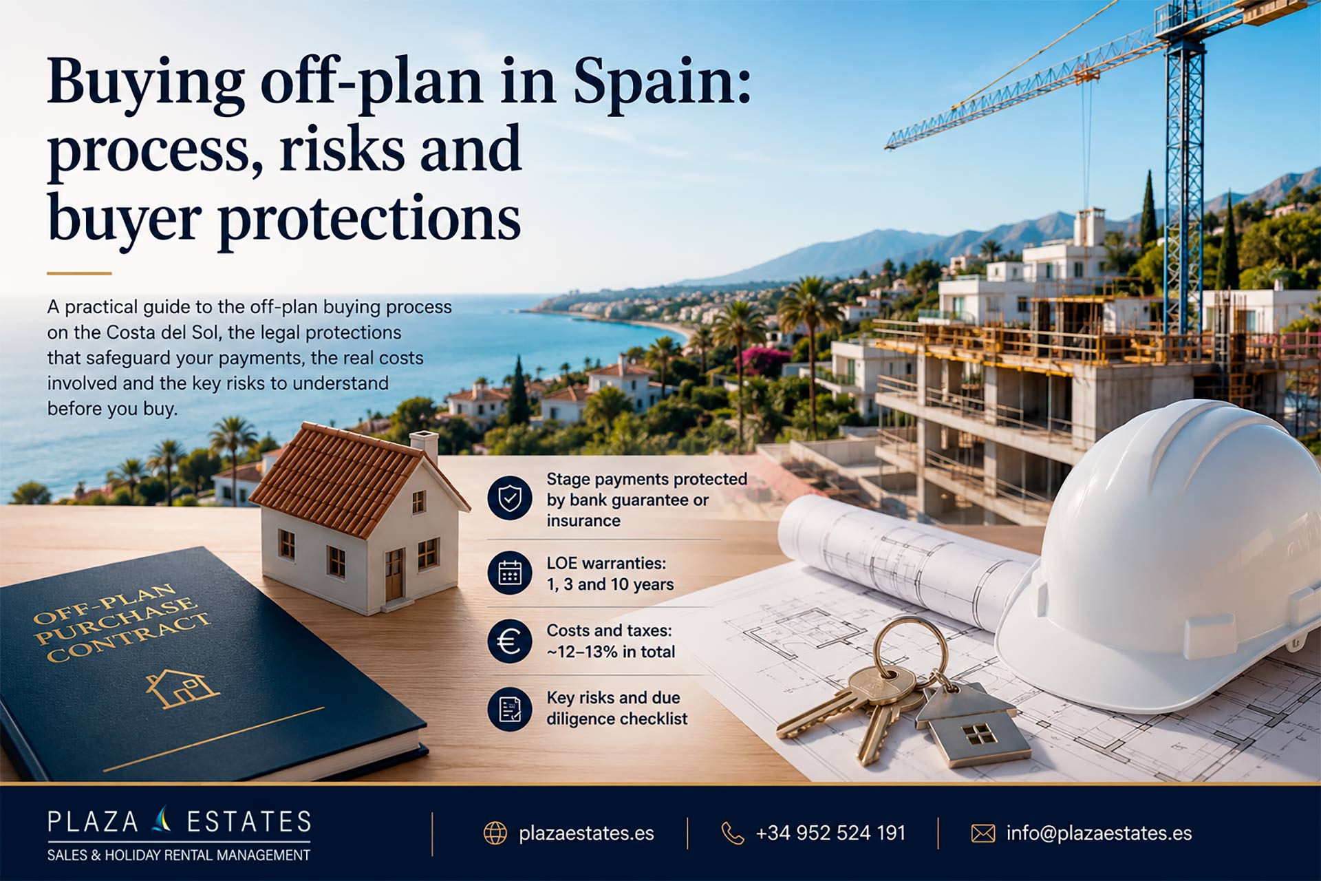 Off-plan property development in Spain with construction site, architectural plans, contract, keys and model house.