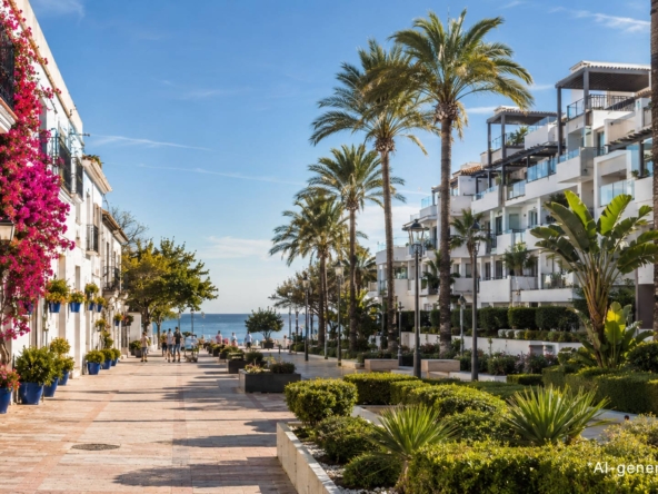 Traditional Andalusian houses and modern coastal apartments representing Estepona and Marbella.