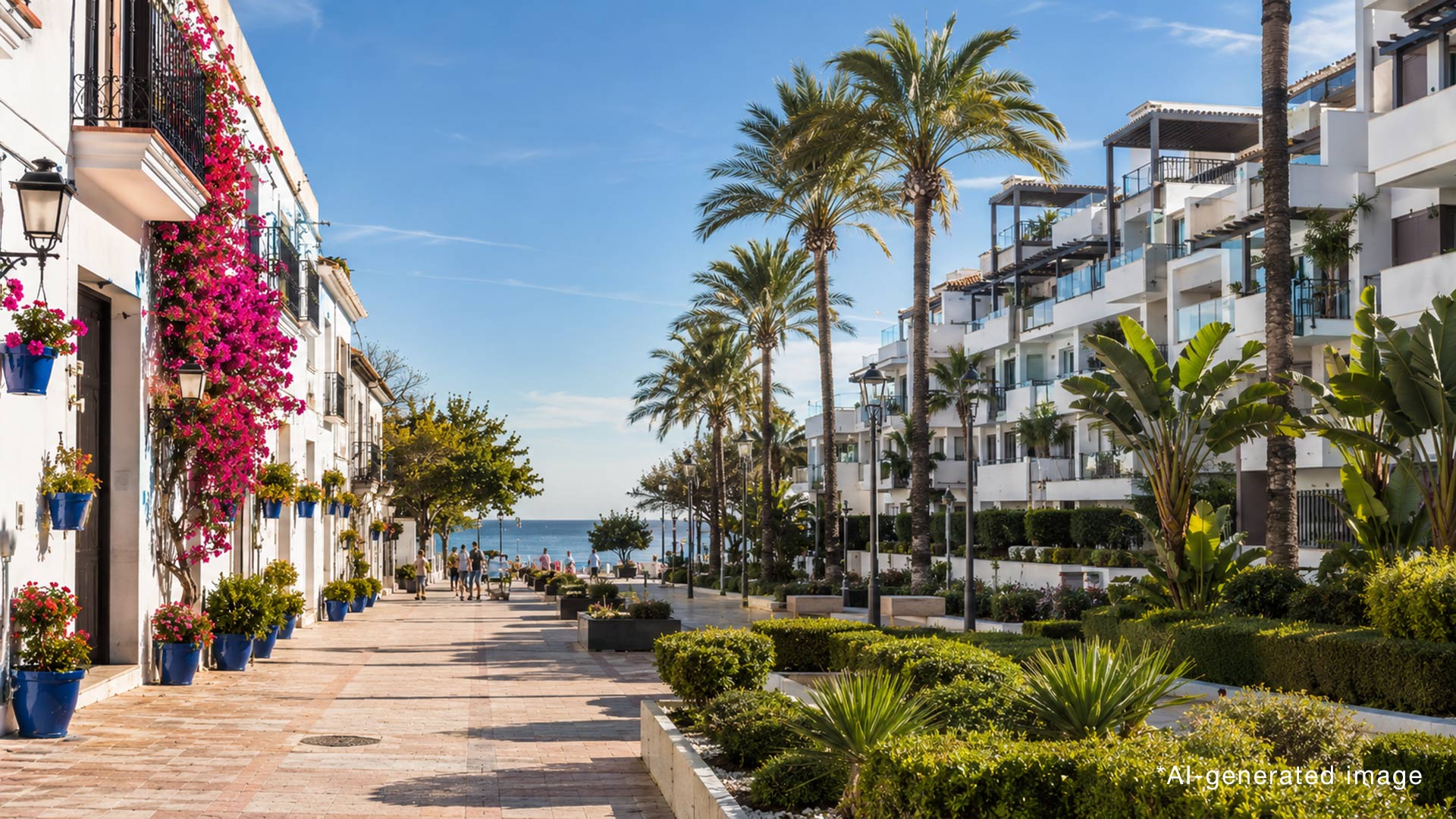 Traditional Andalusian houses and modern coastal apartments representing Estepona and Marbella.