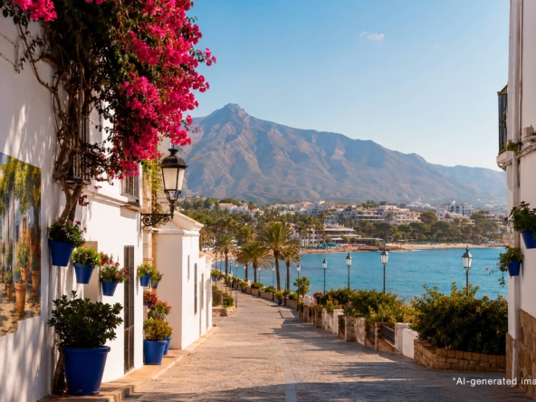 Costa del Sol holiday rental terrace with property keys, documents and a key safe overlooking the sea.