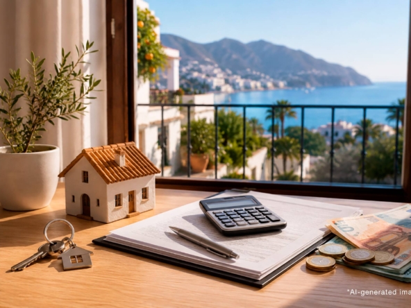 Passport, mortgage documents, calculator and property keys on a terrace overlooking the Spanish coast.