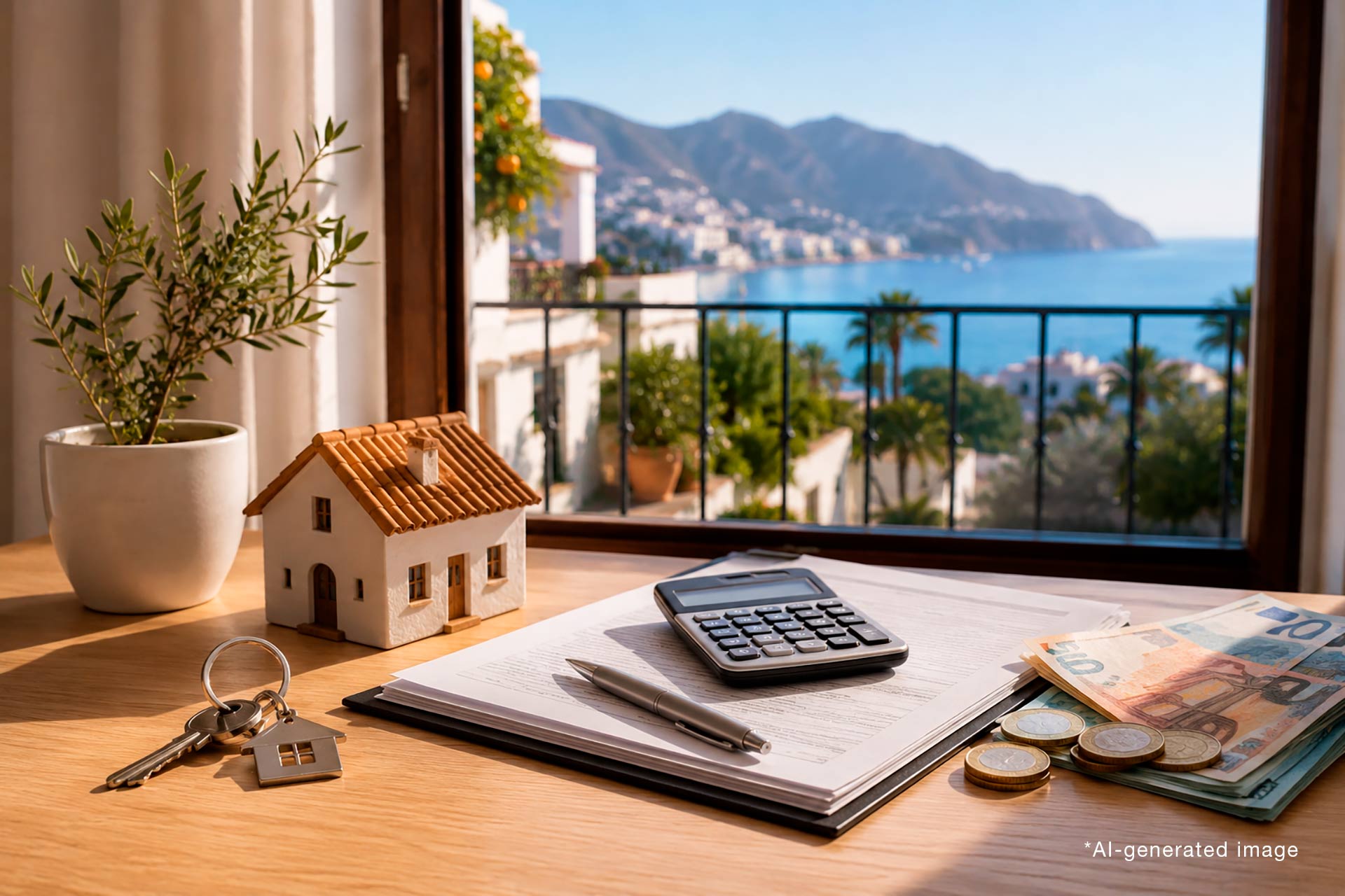 Passport, mortgage documents, calculator and property keys on a terrace overlooking the Spanish coast.