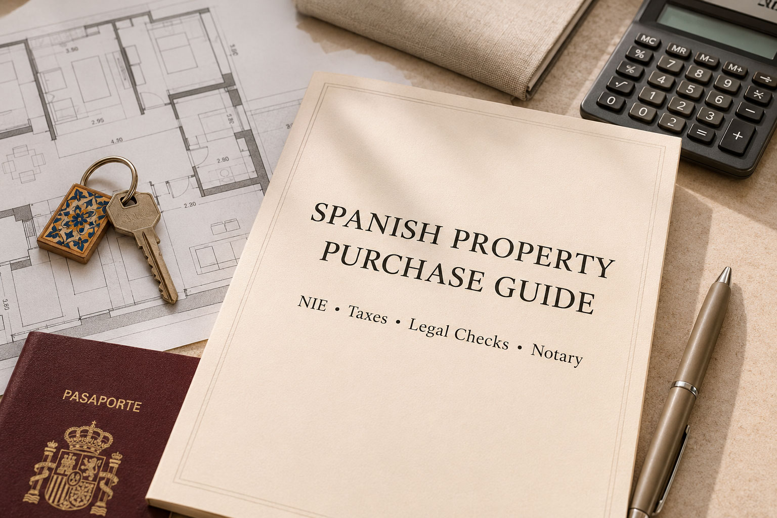 Spanish property purchase guide with floor plans, keys, passport, calculator and documents on a desk.