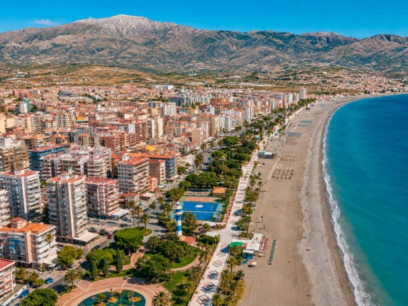 Aerial view of Torre del Mar beachfront, palm-lined promenade and urban centre with the Axarquía mountains in the background