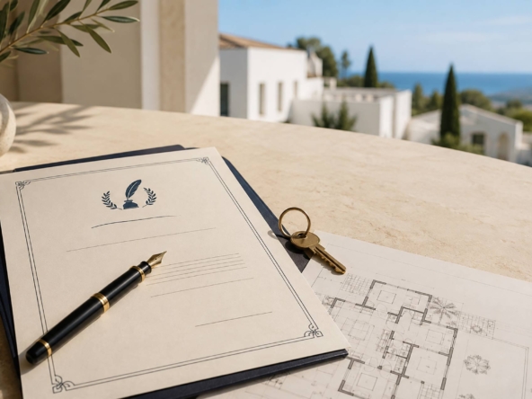 Spanish will, house key and property plans overlooking a Mediterranean villa