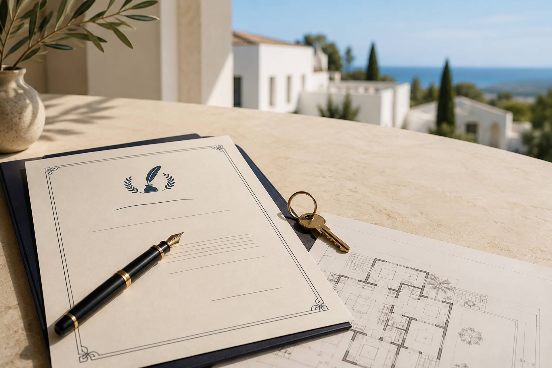 Spanish will, house key and property plans overlooking a Mediterranean villa