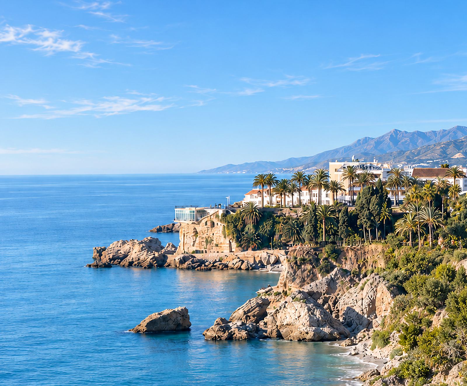 The Balcón de Europa headland and the rooftops of Nerja seen from the west, with the sea and the mountains behind