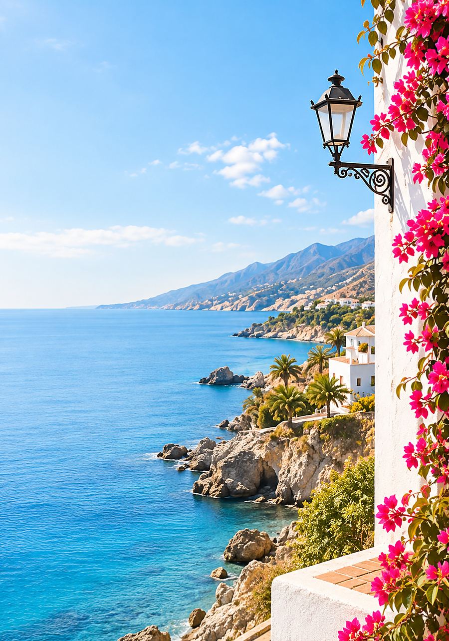 Whitewashed coastal viewpoint in Nerja framed by bougainvillea, looking along the cliffs