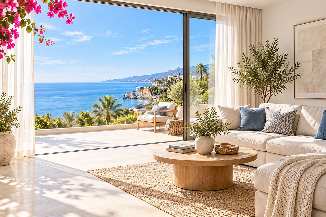 Living room of a Nerja holiday rental opening onto a terrace with a view over the sea
