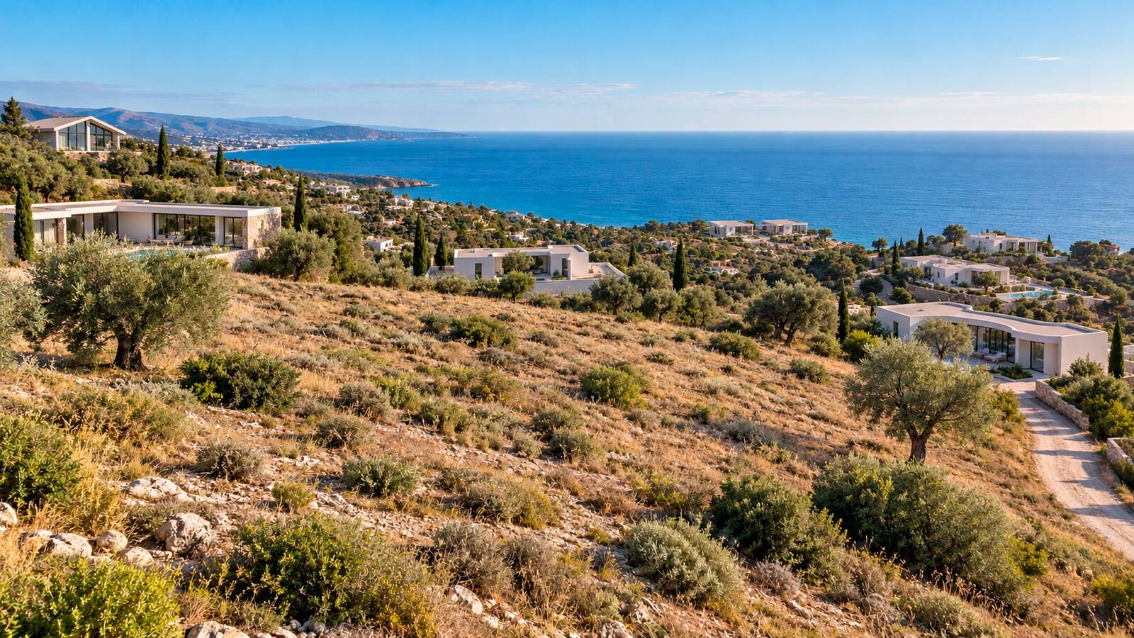 Vacant hillside plot between villas with the sea beyond