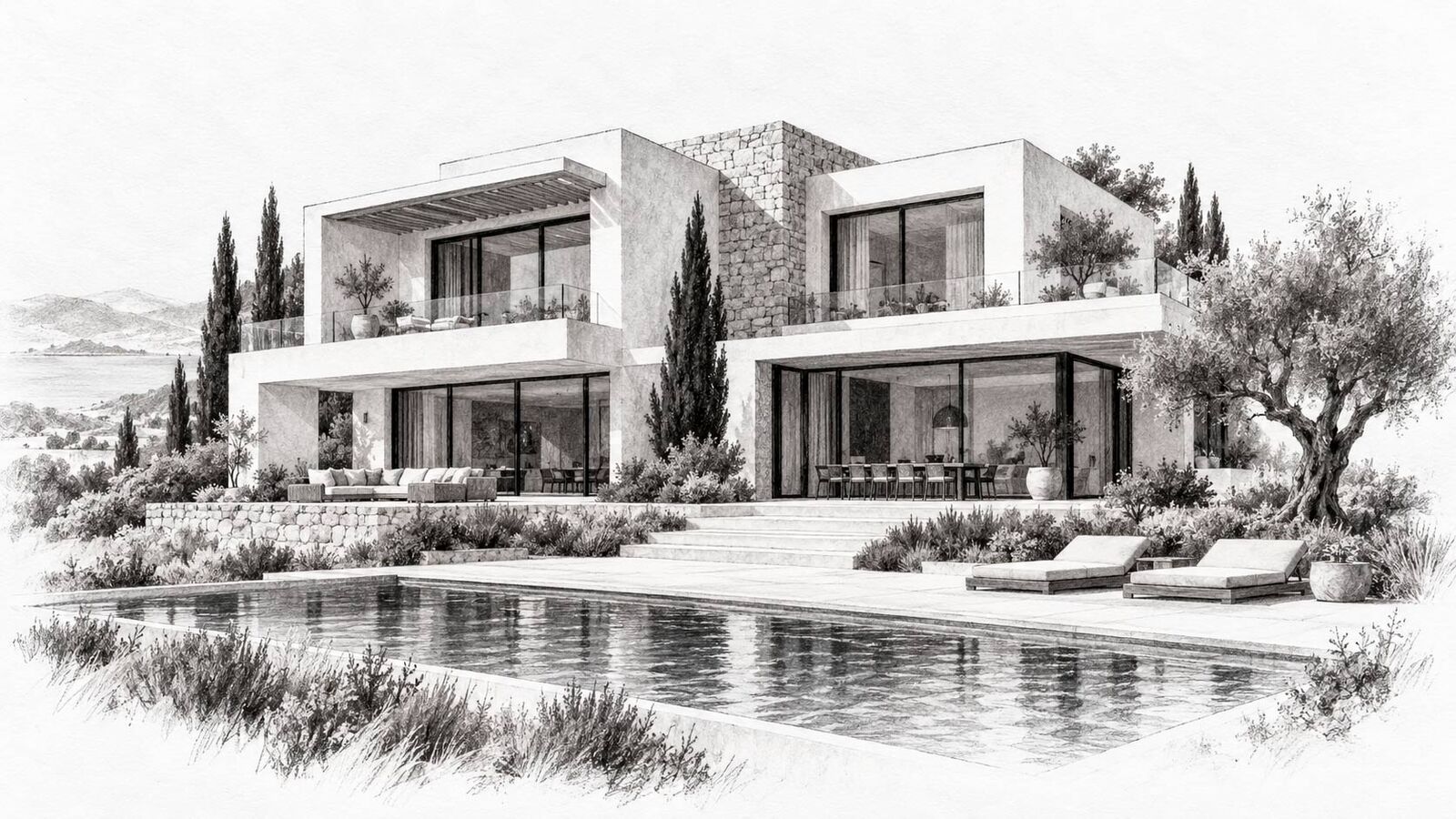 Pencil sketch of a contemporary Mediterranean villa with pool