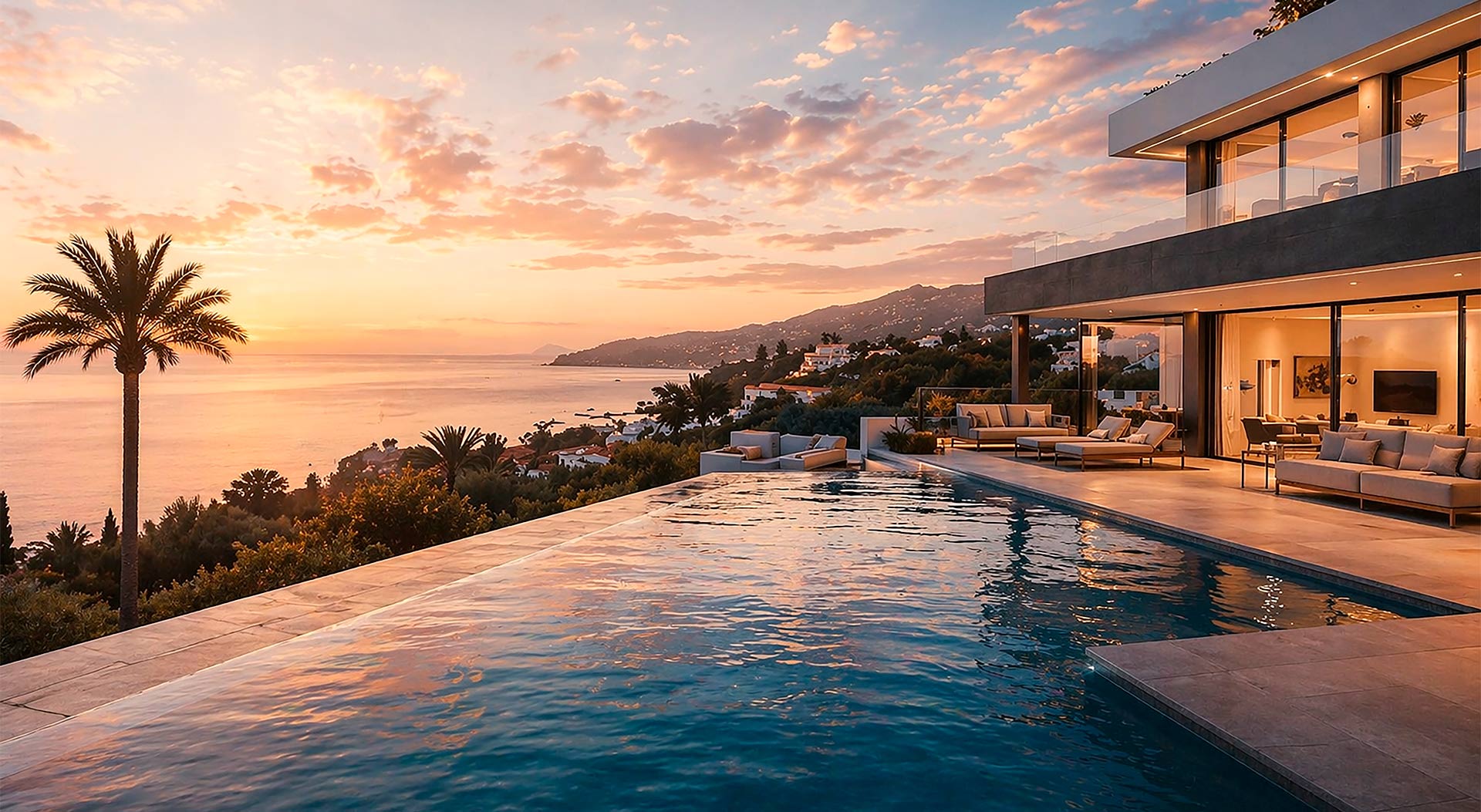 Infinity pool and terrace of a contemporary villa at sunset, overlooking the Mediterranean coast