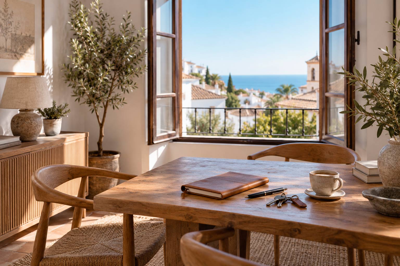 Table by an open window with a notebook, pen and keys, overlooking the sea