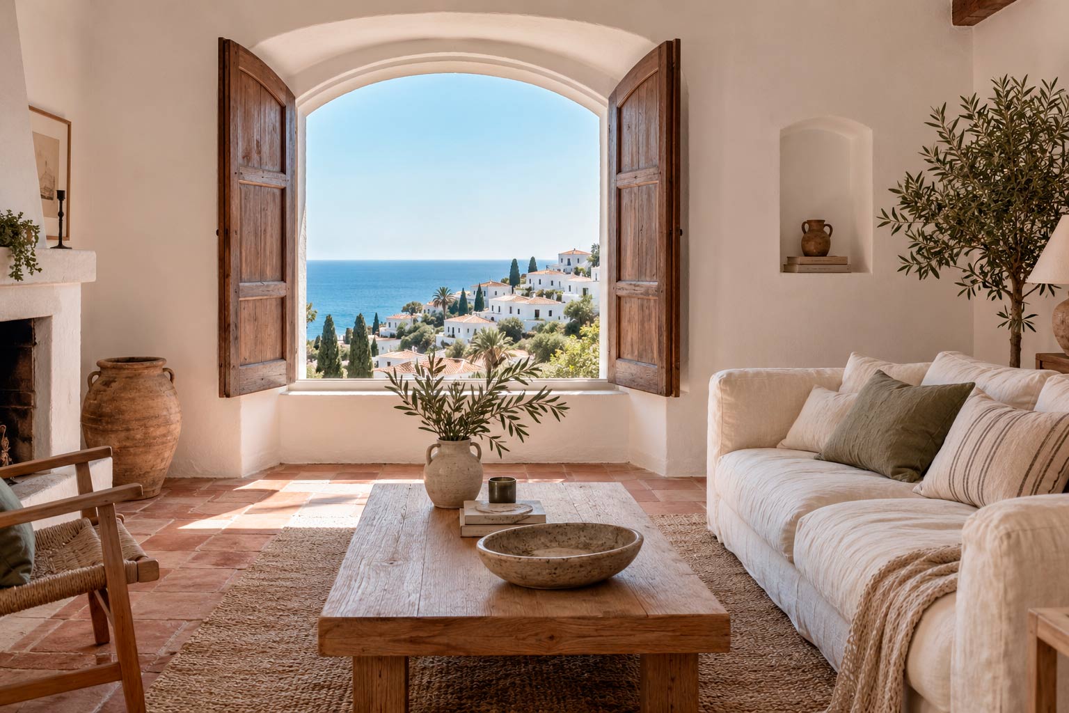 Living room with an arched window opening onto sea views over a white village
