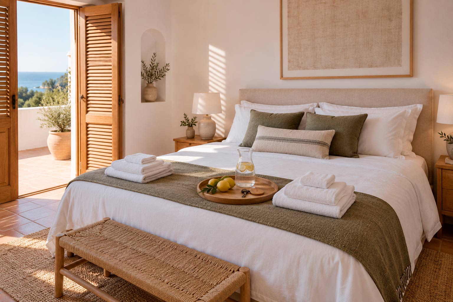 Bedroom prepared for guests with folded towels and a tray on the bed