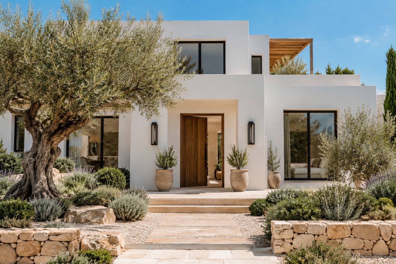 White villa facade with an olive tree and a Mediterranean garden