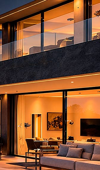 Contemporary villa façade at dusk, with glass balconies and a warmly lit living room